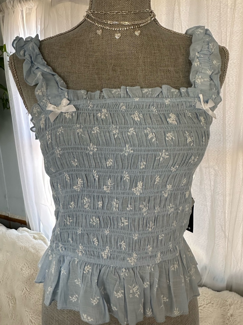 Trixxi Blue Smocked Floral Ruffle Tank